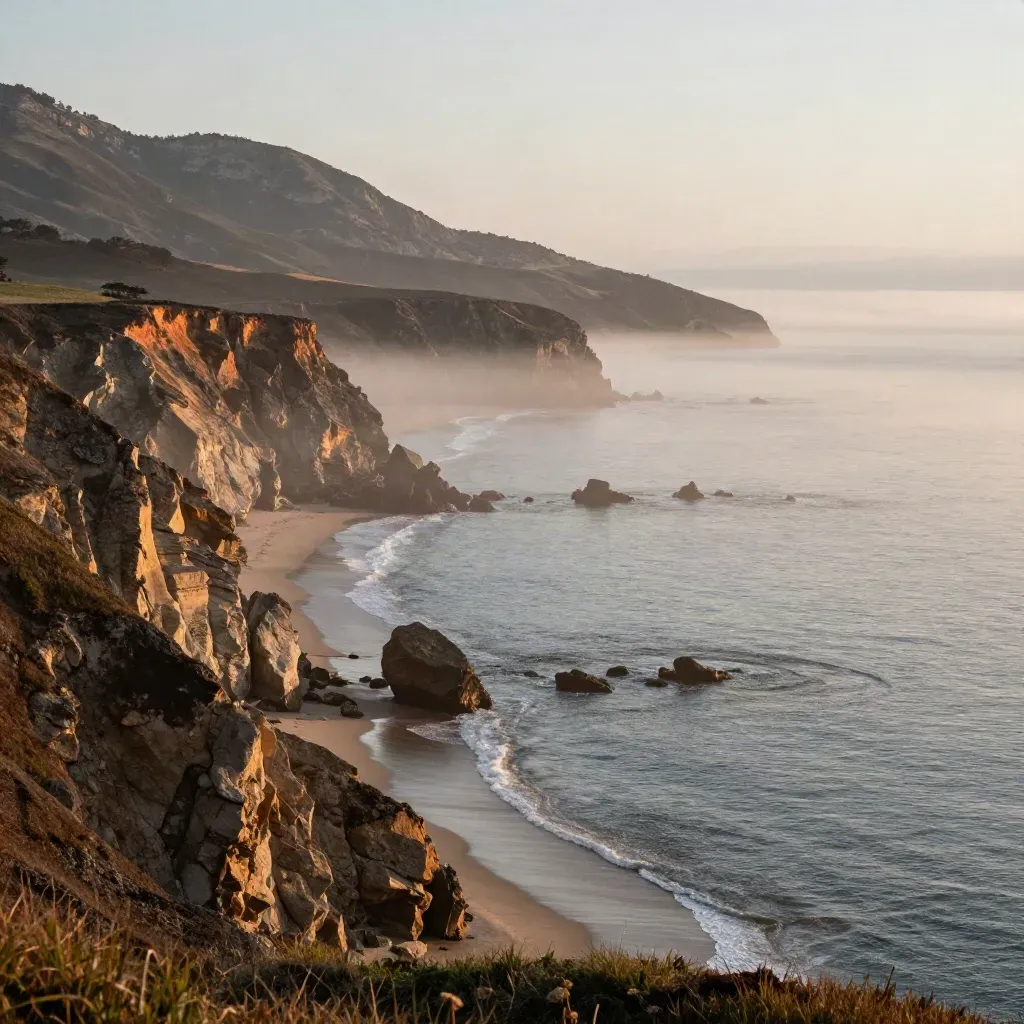 Fog lifting over rugged California sea cliffs and a calm misty coastline.