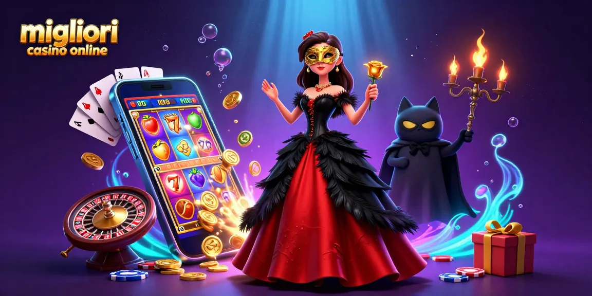 Migliori casino online: Un'illustrazione straordinaria che mostra una vivace scena 3D di una donna in abbigliamento da casinò, interagendo con elementi di gioco dinamici.