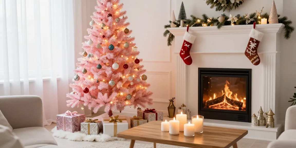A beautifully decorated small pink Christmas tree glowing in a warm living room setting, surrounded by festive decorations and gifts.