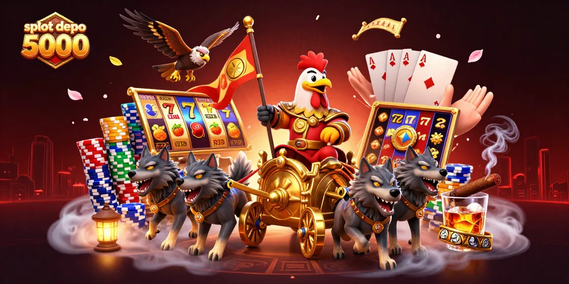 Experience the excitement of slot depo 5000 with a dynamic 3D casino scene featuring colorful slot reels and lively characters.