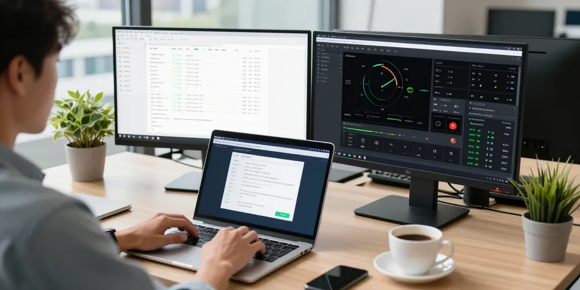 快连 network acceleration platform in a modern tech workspace with dual monitors and coffee.