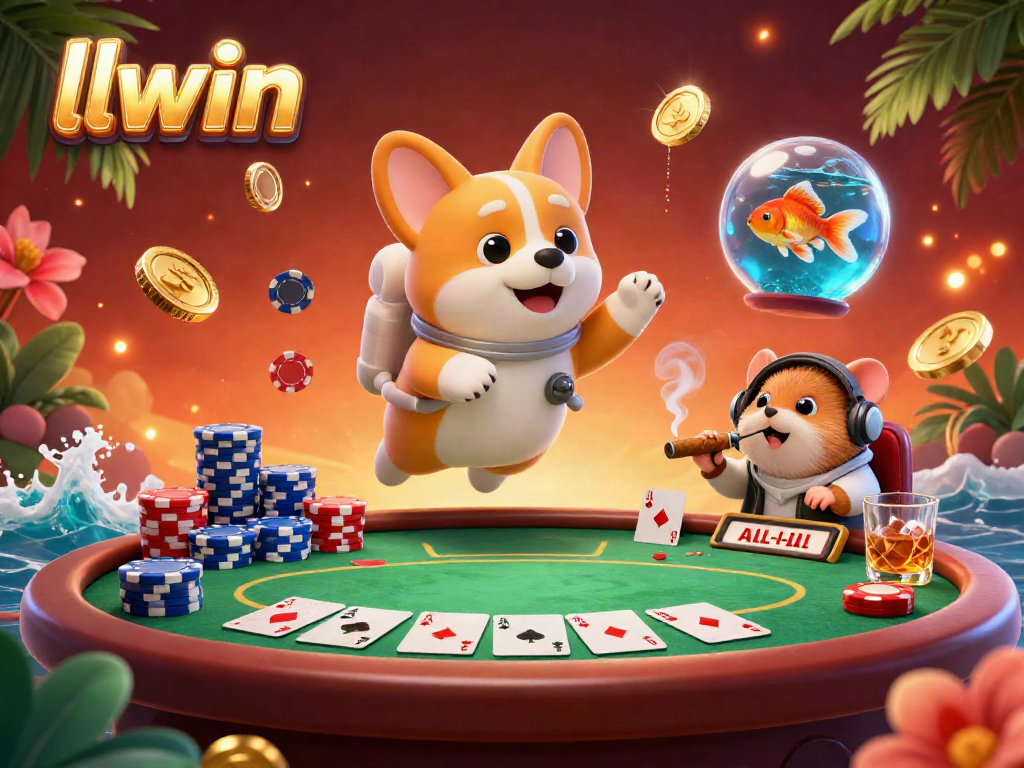 Engage with llwin's thrilling poker action in a vibrant casino scene featuring an astronaut corgi and playful characters.