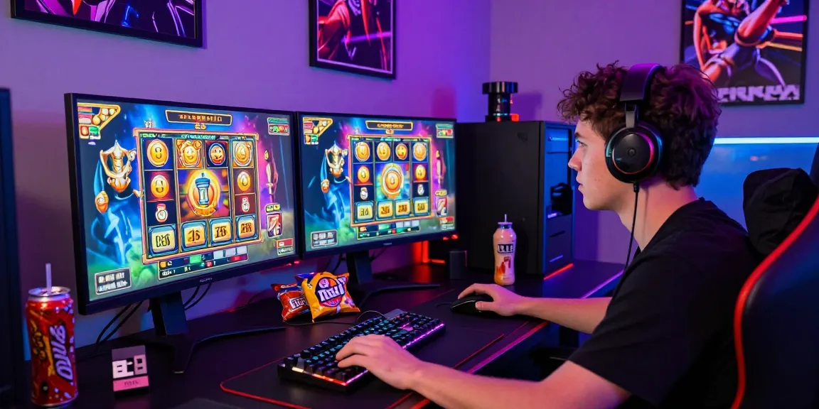 Permainan slot online yang menyenangkan dengan pemain serius di meja gaming modern.