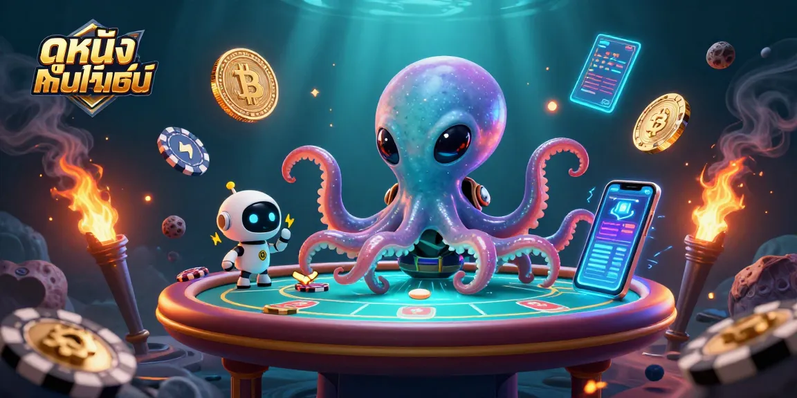Experience ดูหนังออนไลน์ with a fun alien octopus at a vibrant holographic poker table.