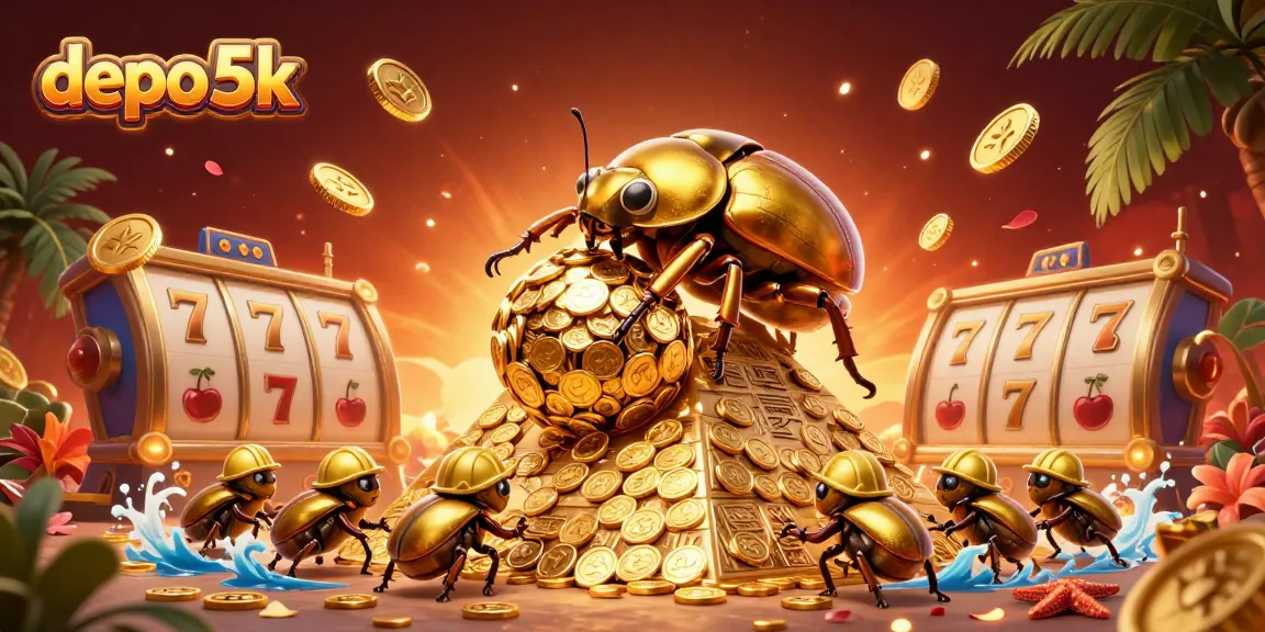 Experience mega wins at depo 5k with golden coin rolls and vibrant slot elements in this detailed 3D illustration.