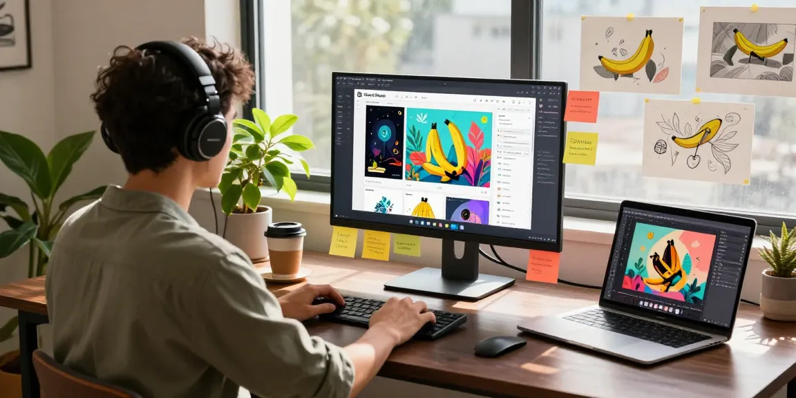 Designer using nano banana AI image editor in a vibrant digital workspace, showcasing creativity in a modern environment.
