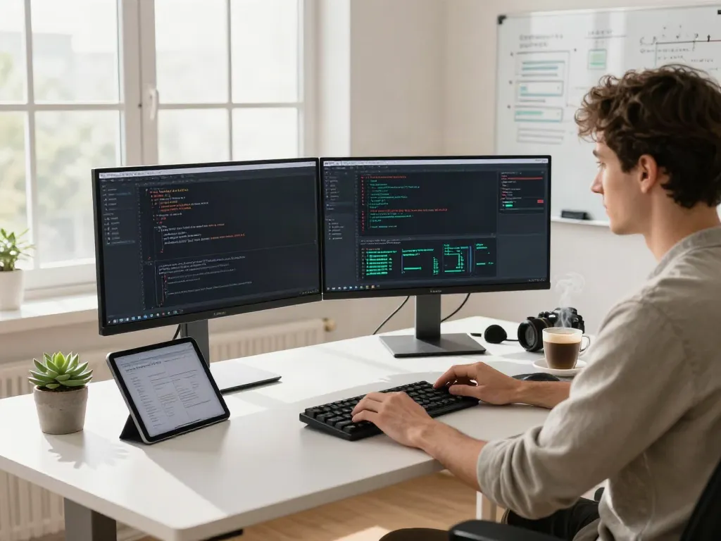 Developer configuring v2rayN官网 settings in a modern workspace filled with tech essentials.