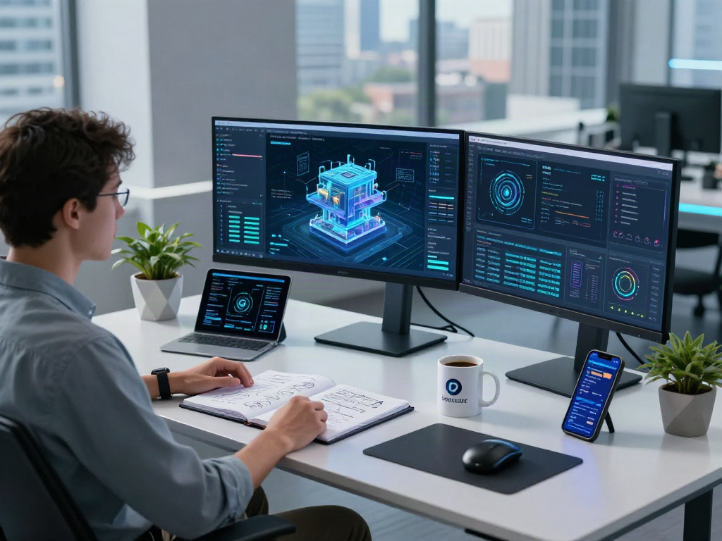 Scene of data scientist analyzing AI models on monitors with AI Detector interface, tech workspace details
