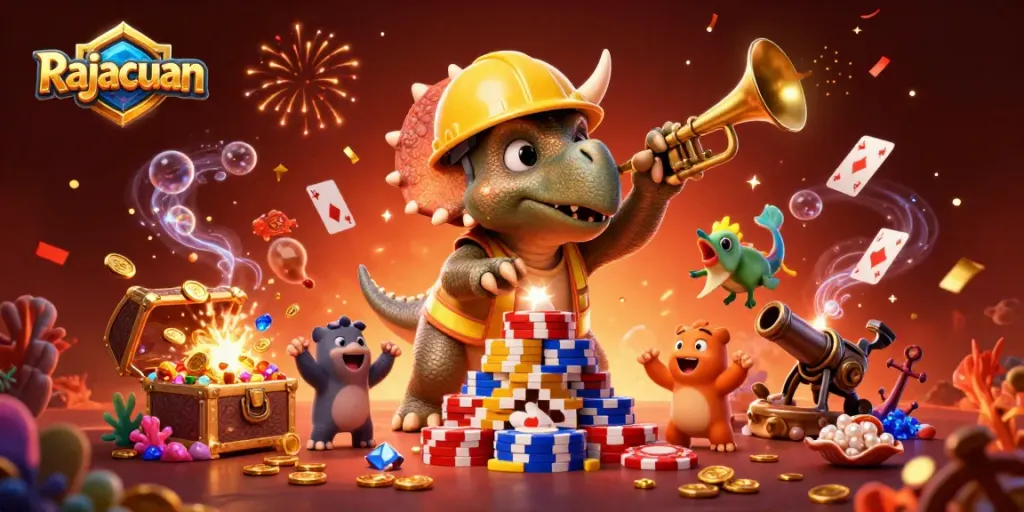Experience the excitement of Rajacuan casino with animated characters celebrating a big win.