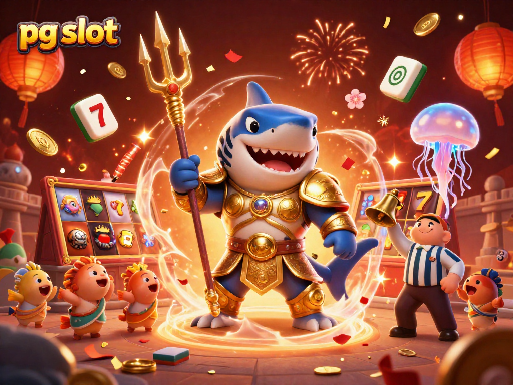 Win big with pg slot in this vibrant underwater casino scene featuring a tiger shark and more!