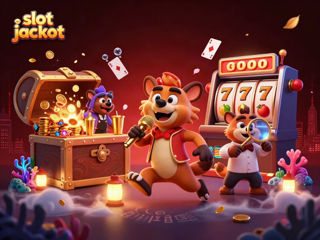 Permainan jackpot slot dengan hyena menyenangkan di klub kasino, menghibur dengan teknik pencahayaan dramatis.