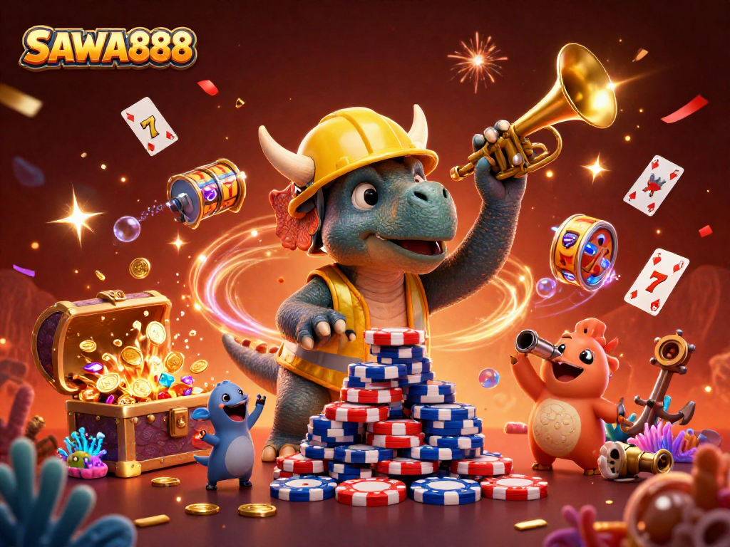 SAWA888 offers an exciting gaming experience with vibrant casino-themed characters celebrating a poker win.