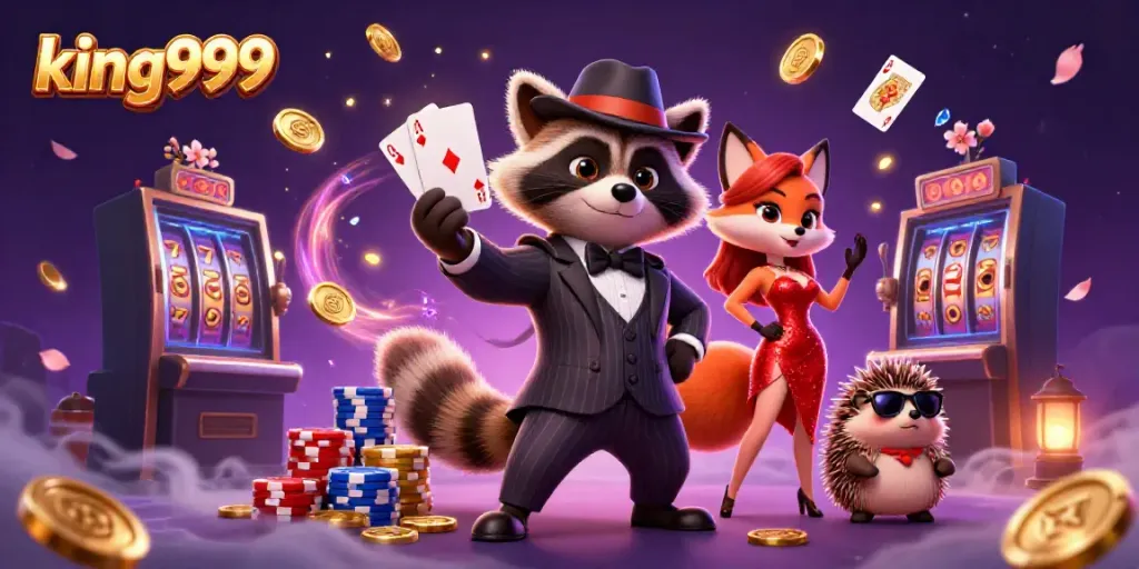Permainan slot yang menakjubkan dengan king999 menampilkan banyak koin emas dan kartu royal flush.