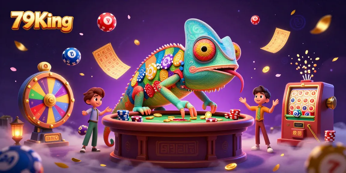 Experience the vibrant world of 79King with a captivating chameleon casino owner collecting golden coins in a colorful, dynamic scene.