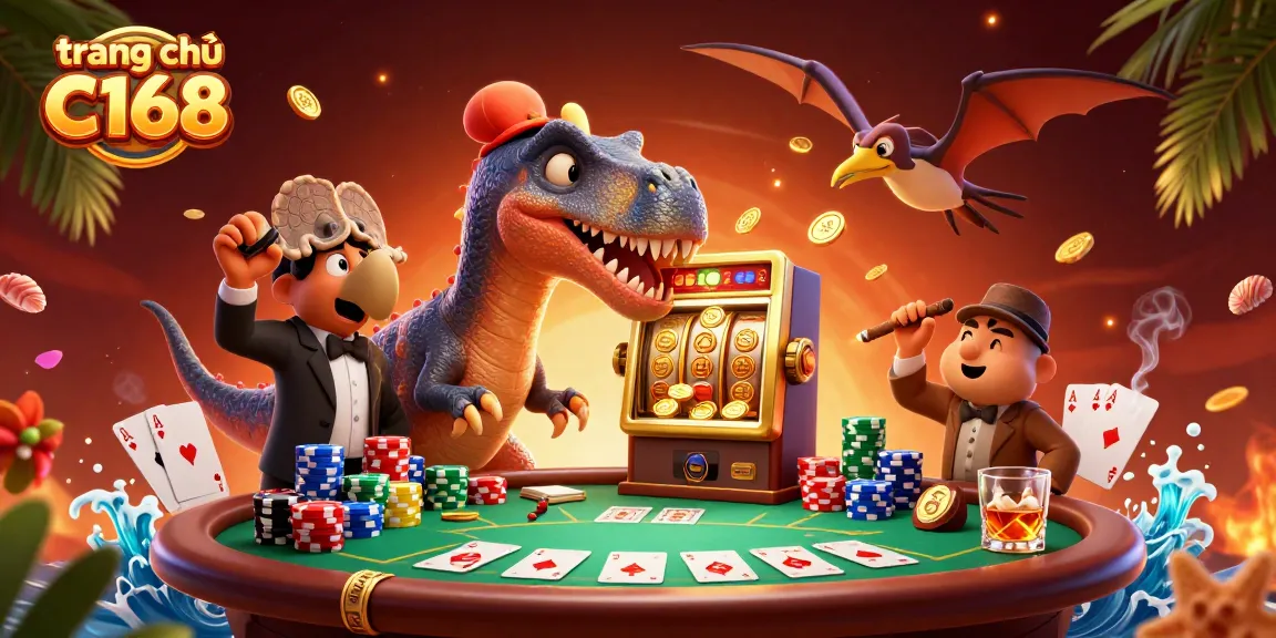 Experience excitement on trang chủ C168 as a dinosaur triggers a jackpot while a panicked manager watches, surrounded by poker action.