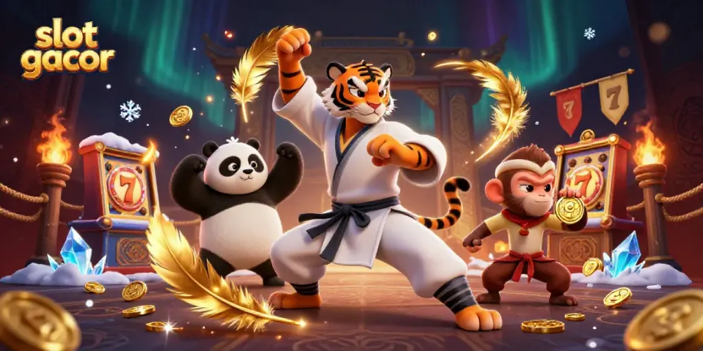 Experience thrilling slot gacor action with a kung fu tiger and friends in vibrant illustration.