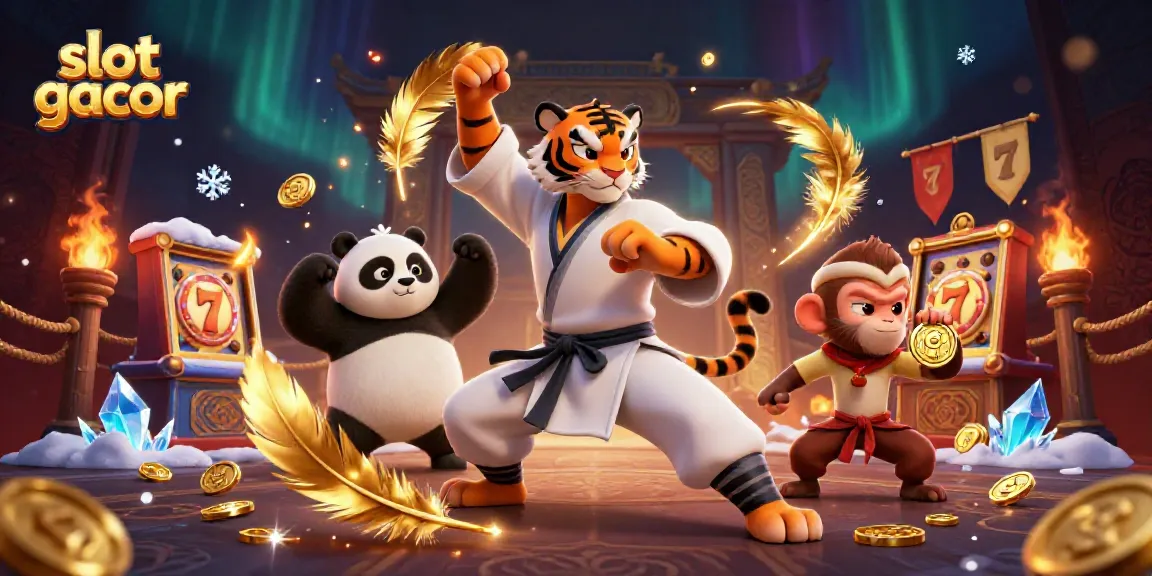 Experience thrilling slot gacor action with a kung fu tiger and friends in vibrant illustration.
