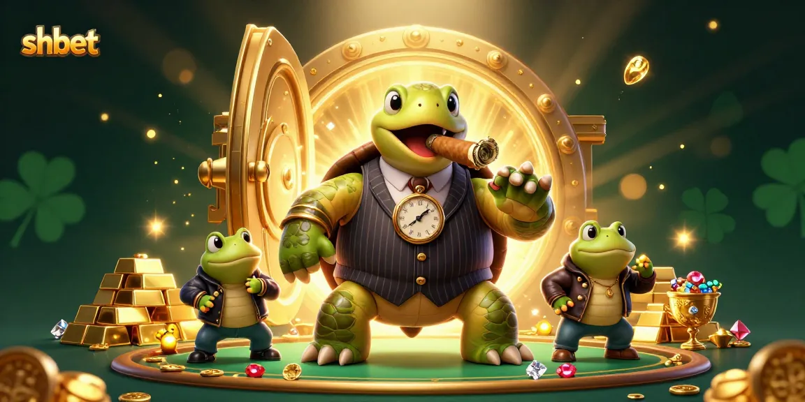 Engage in the thrilling scene of shbet with a cartoon turtle and bullfrog enforcers amidst a treasure-filled casino.