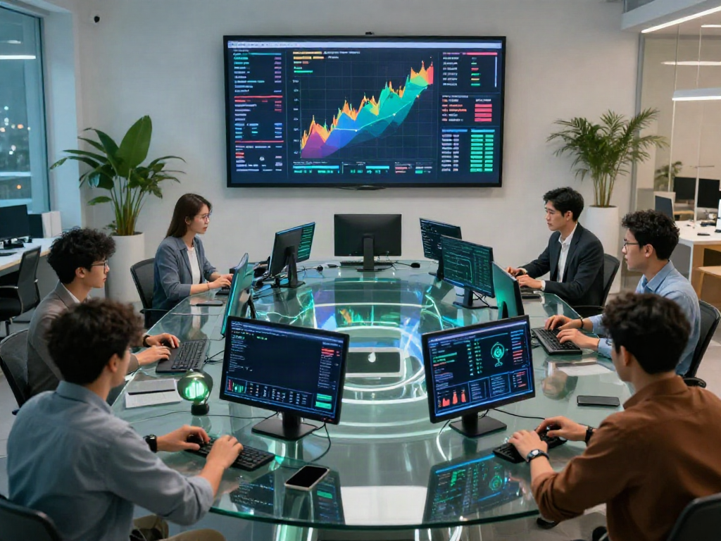 Finnhub alternative trading workspace featuring diverse crypto analysts examining charts and DeFi data on LED screens.
