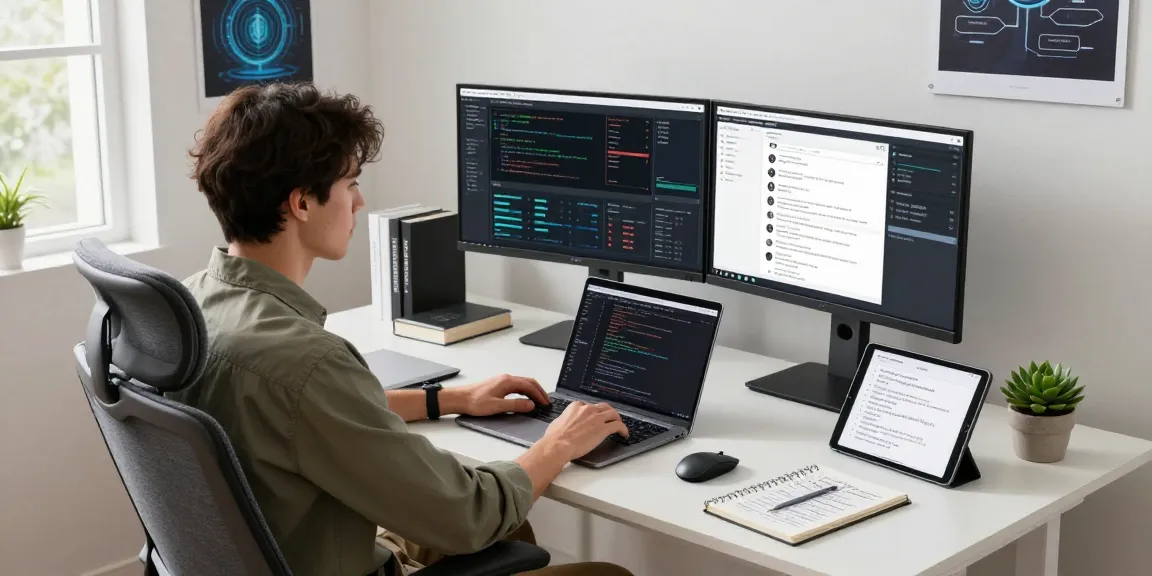 A data analyst using an AI detector in a modern workspace, showcasing analytics dashboards and coding tools.