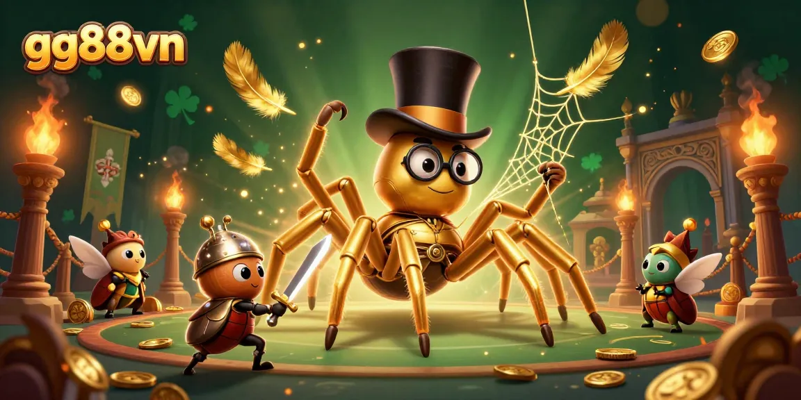 Experience thrilling gameplay at gg88vn with a golden tarantula and beetle knight in a vibrant casino scene.
