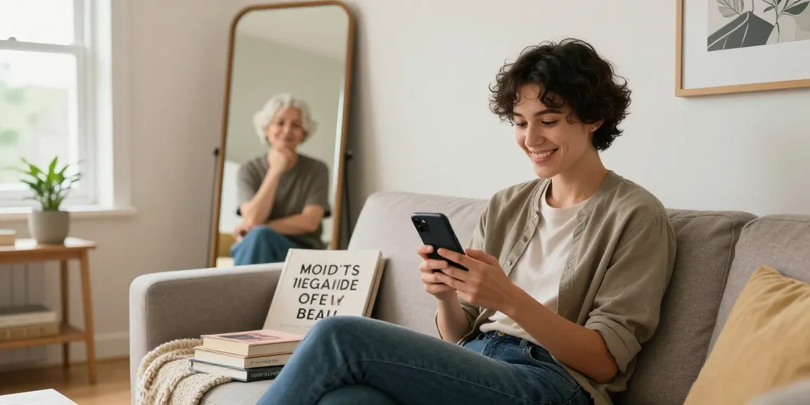 Person checking how old do I look on a smartphone while reflecting on self-image in a cozy living room.