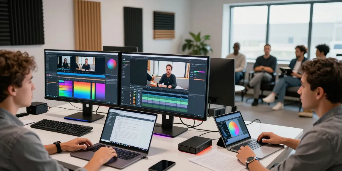 Video to prompt analysis in a modern video production studio with creators discussing AI-generated video prompts.