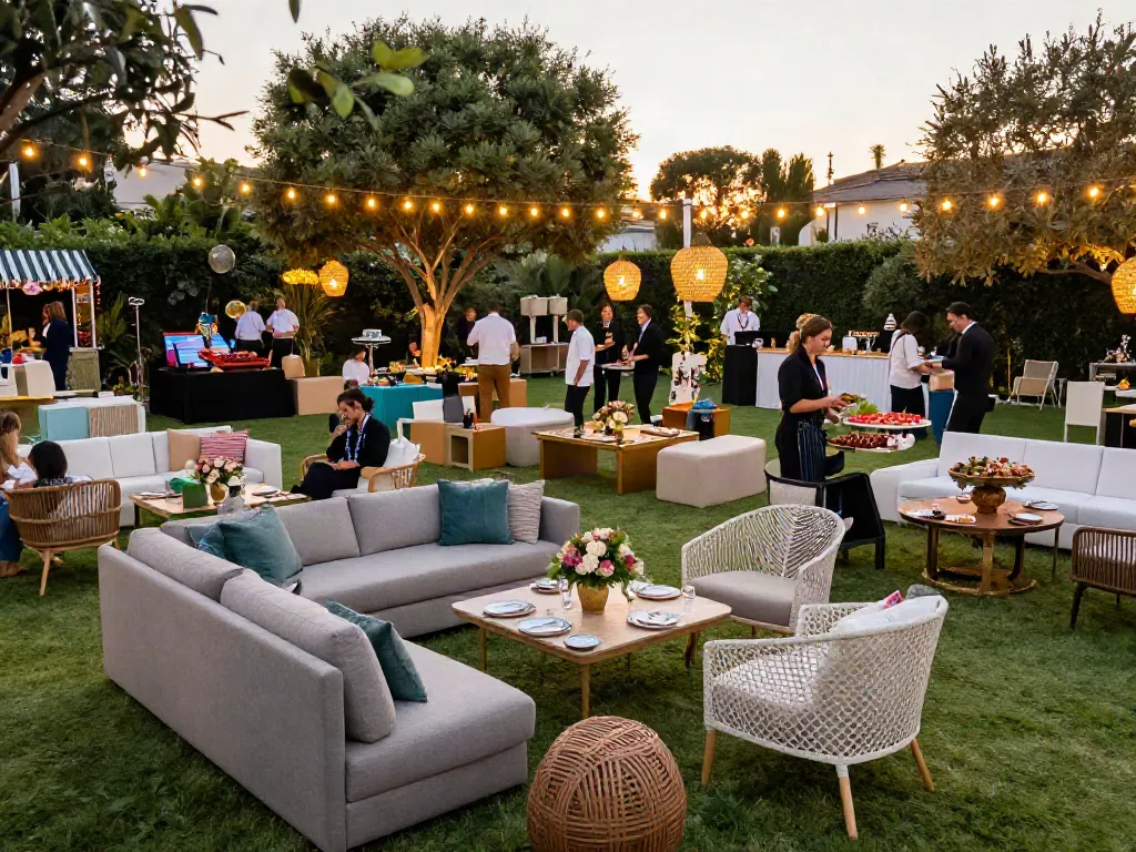 Event furniture rental showcased beautifully in a luxury outdoor setting with elegant guests and ambient lighting.