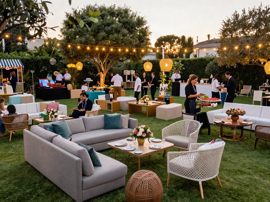 Event furniture rental showcased beautifully in a luxury outdoor setting with elegant guests and ambient lighting.