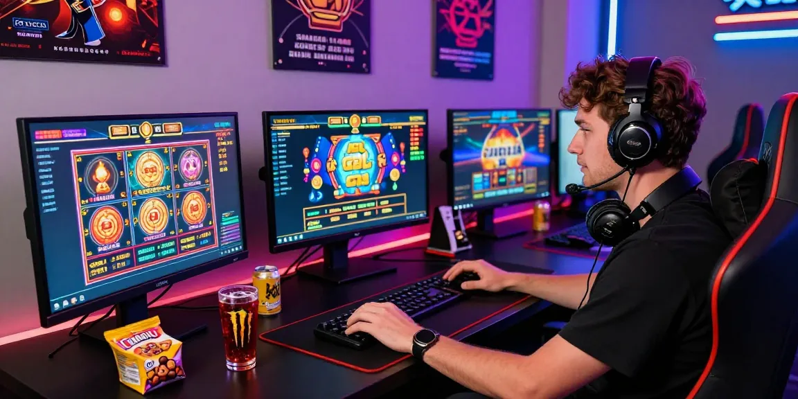 Excited gamer playing slot games online with vibrant screens and snacks.