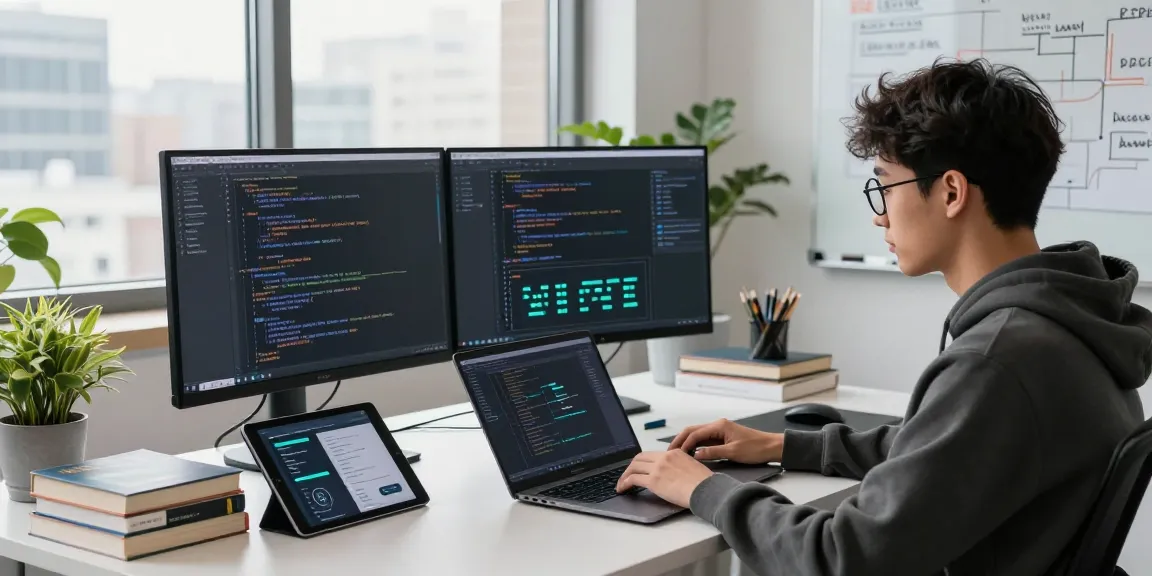 Programming workspace featuring kecak4d applications, multiple screens, plants, and bright natural lighting