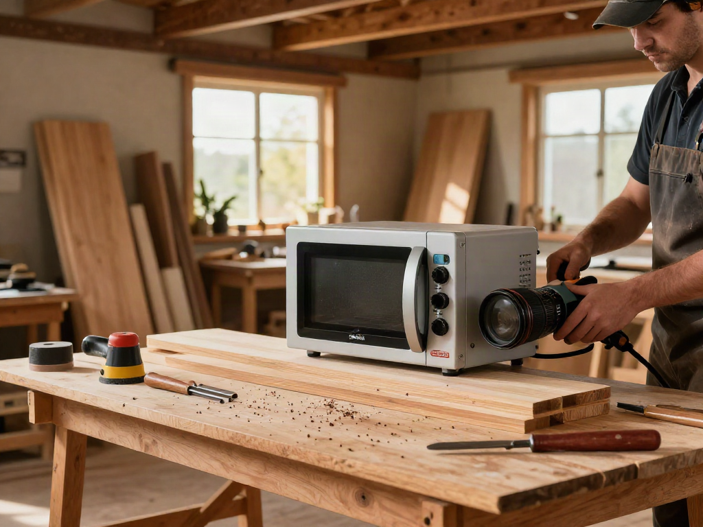 SHASHEL® microwave device in use to eliminate wood pests in a workshop.