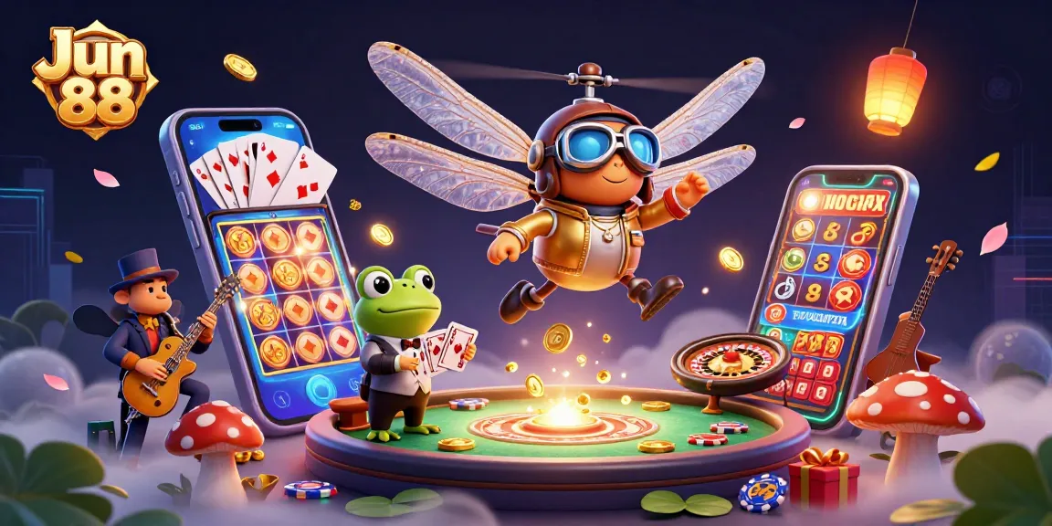 Engage with Jun 88's thrilling gaming scene featuring vibrant 3D characters and slot game excitement.