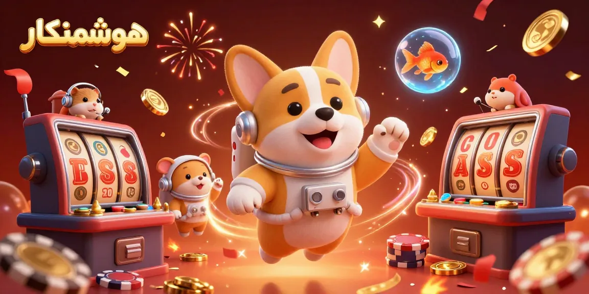 Experience the excitement of هوشمندکار in a vibrant 3D casino space station with drifting slot reels and coins.