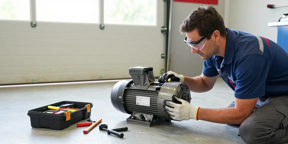 Garage door motor replacement being expertly serviced by a technician in a well-lit garage.