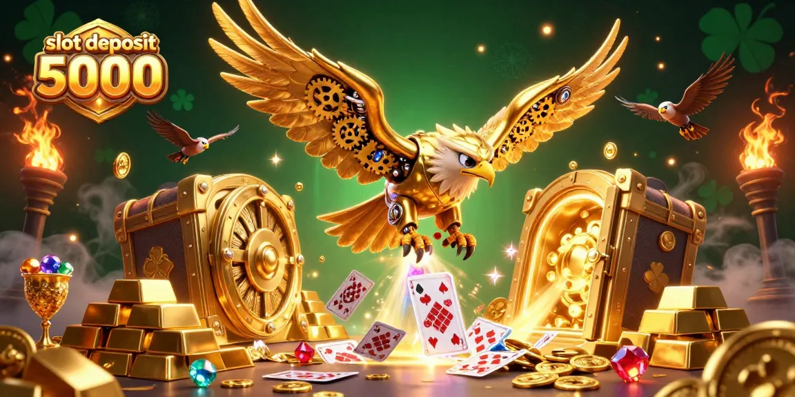 Bet on slot deposit 5000 with golden treasures and dynamic gaming elements in exciting 3D illustration.