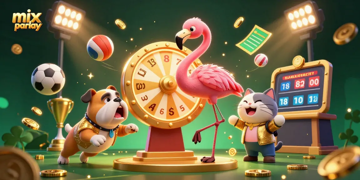 Engage in mix parlay betting for sports with an animated game show host and dynamic sports elements.