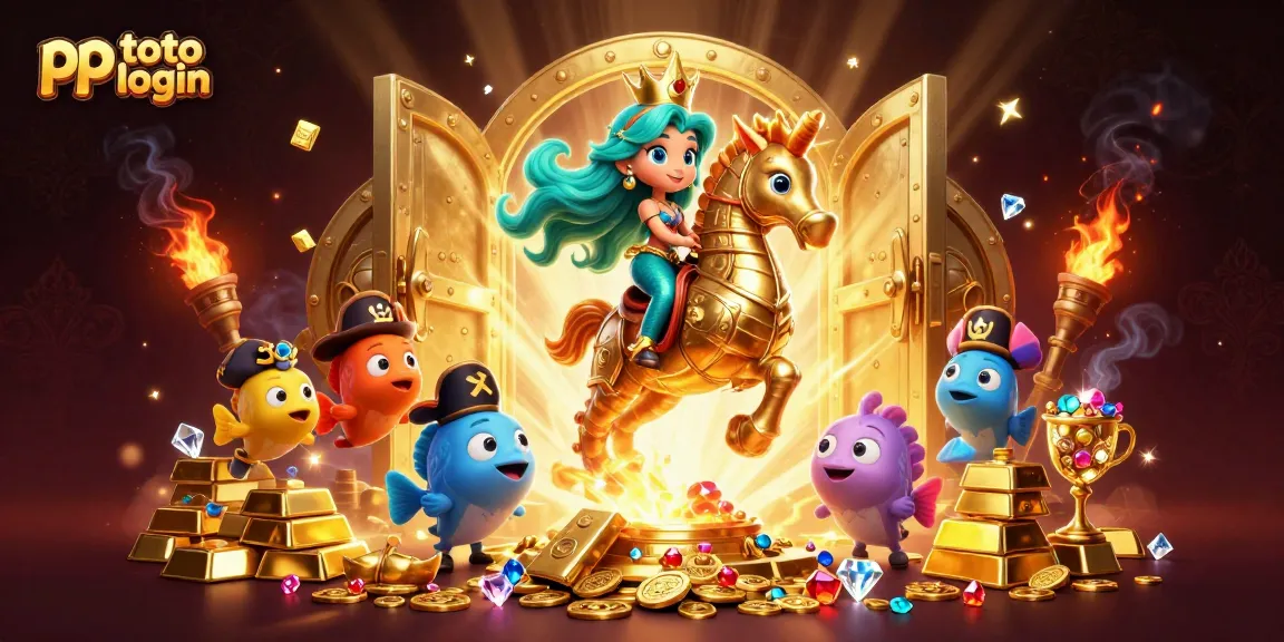 Experience the magic of pp toto login with vibrant 3D characters amidst dazzling casino treasures