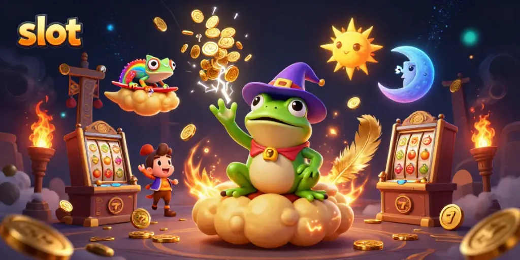 Experience vibrant slot action with a whimsical 3D wizard frog amidst coins and colorful characters.