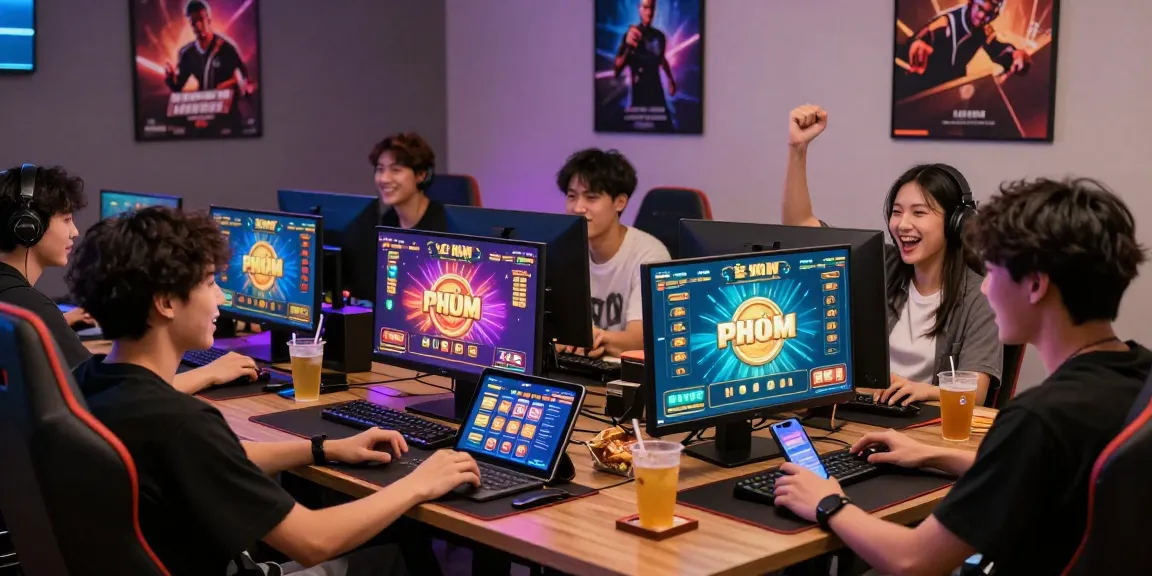Players enjoying game bài đổi thưởng on multiple devices in a vibrant gaming setup, showcasing excitement and social interaction.
