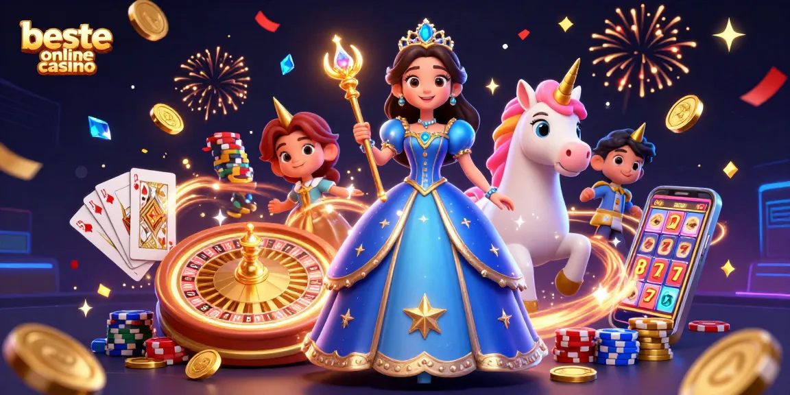 Experience the thrill at the beste online casino with a captivating 3D illustration of a royal figure and unicorn.