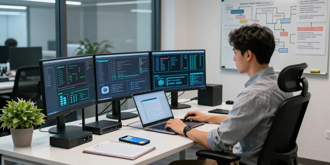 使用quickq保护网络隐私，IT专业人员在现代办公桌前配置VPN，显示网络流量图表。