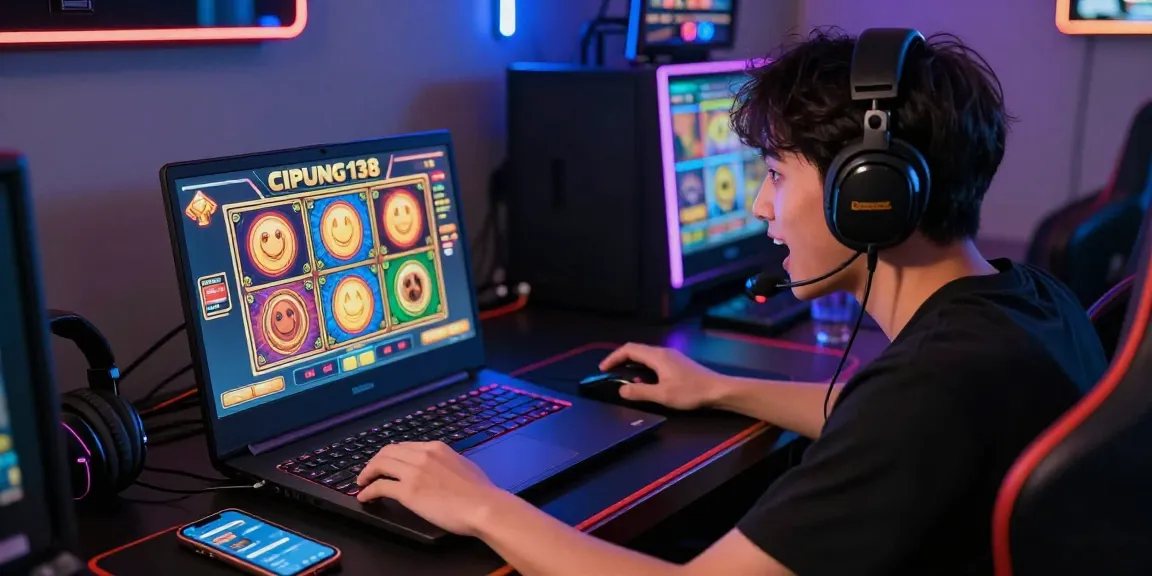 Pengguna cipung138 bermain slot online dengan antusias, dikelilingi aksesori gaming di ruangan yang nyaman.