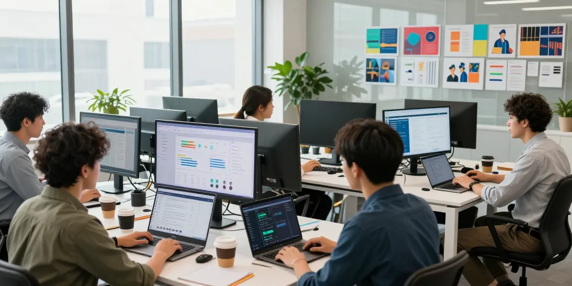 Marketing team collaborating on AI marketing tools in a modern office.