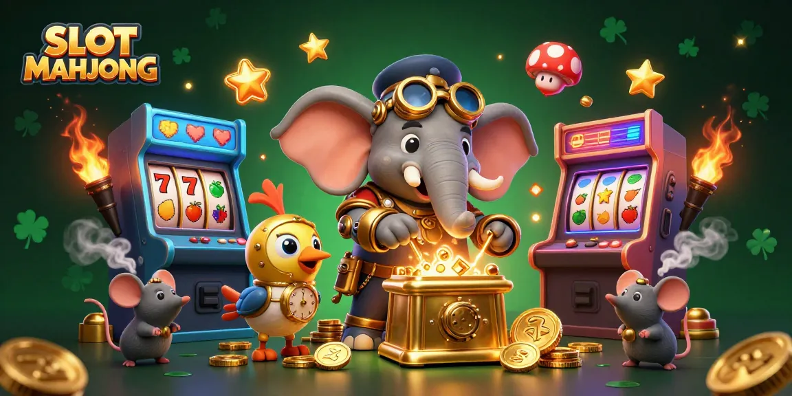 SLOT MAHJONG game element featuring a steampunk elephant operating a golden slot machine, surrounded by vibrant casino visuals.