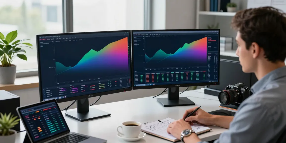 Analyst using MetaTrader 5 in a modern trading office with dual monitors.