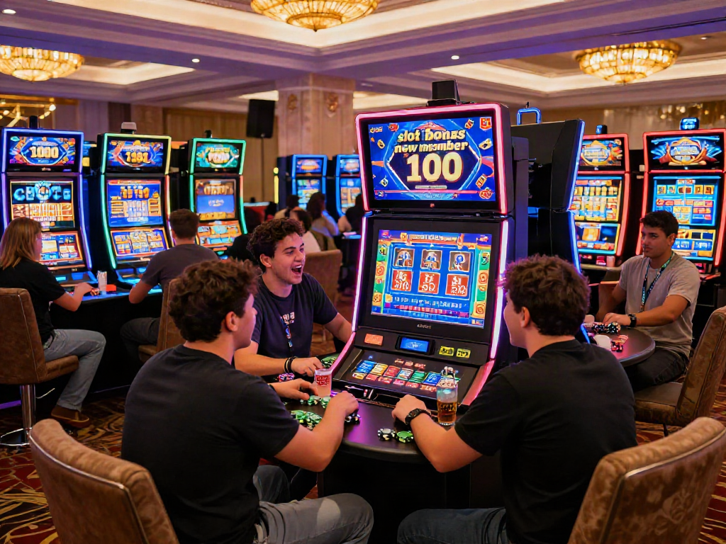 Dynamic casino scene highlighting the slot bonus new member 100 offer, showcasing excited players and vibrant slot machines.