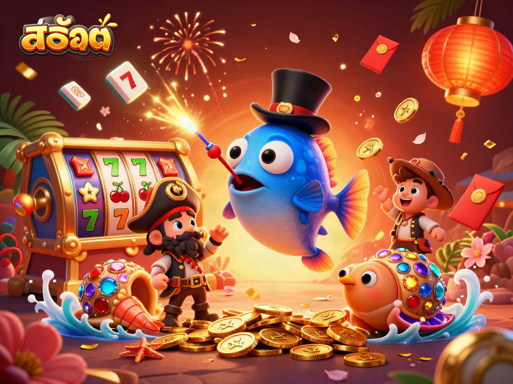 Engage with สล็อต-themed excitement as anglerfish, shrimp, and sea snail share golden treasures in a rich, vibrant backdrop.