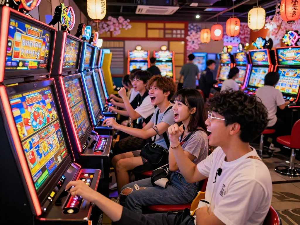 Exciting friends enjoying slot jepang gaming experience filled with vibrant lights and traditional decor.