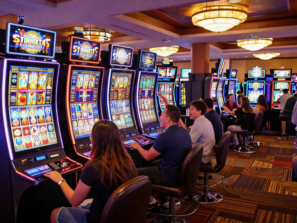 Exciting scene of players enjoying slot machines at a casino showcasing slot gacor hari ini with vibrant graphics and joyous atmosphere.
